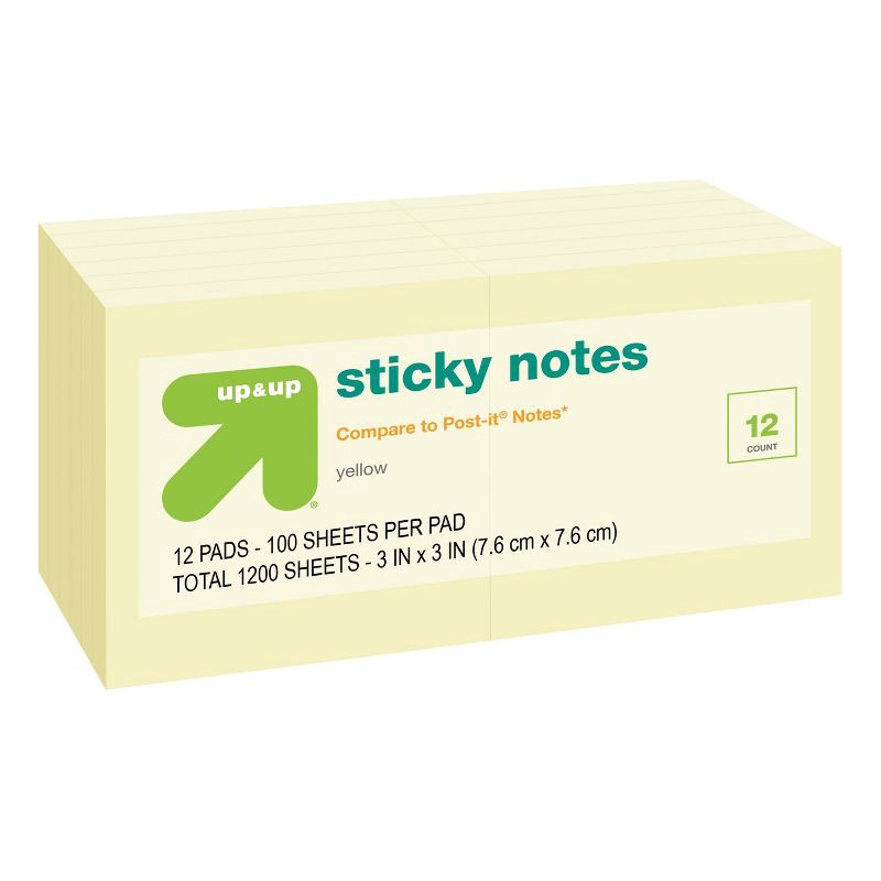 slide 3 of 3, 3"x3" 12ct Sticky Notes Cube Yellow - up&up™: Office Supplies, 100 Sheets, Uncoated Paper, Glue Binding, 12 ct, 100 sheets