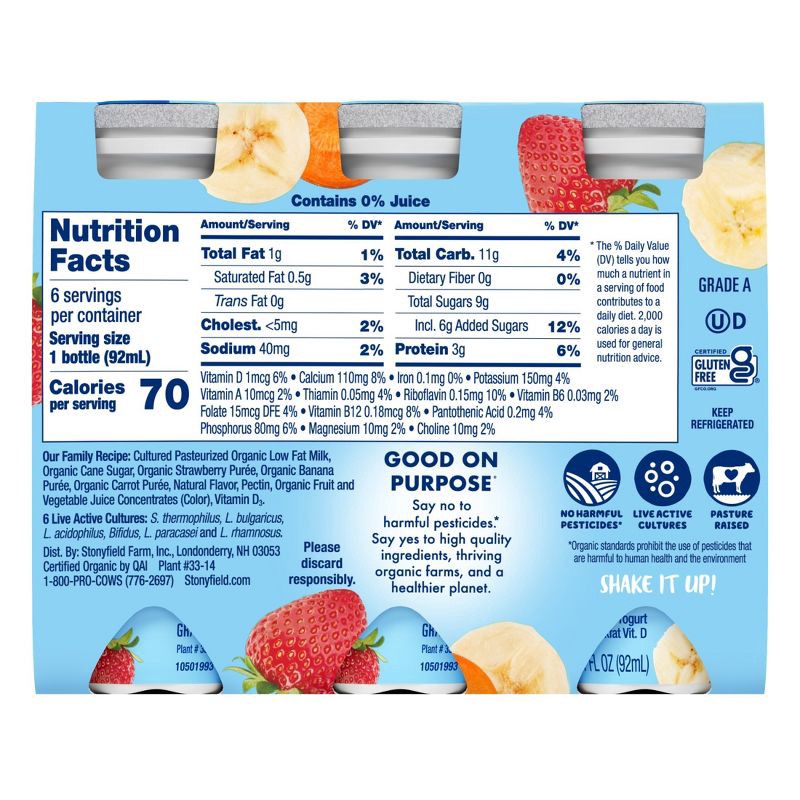 slide 3 of 11, Stonyfield Organic Kids' Strawberry Banana Yogurt Smoothies - 6pk/3.1 fl oz bottles, 6 ct; 3.1 fl oz