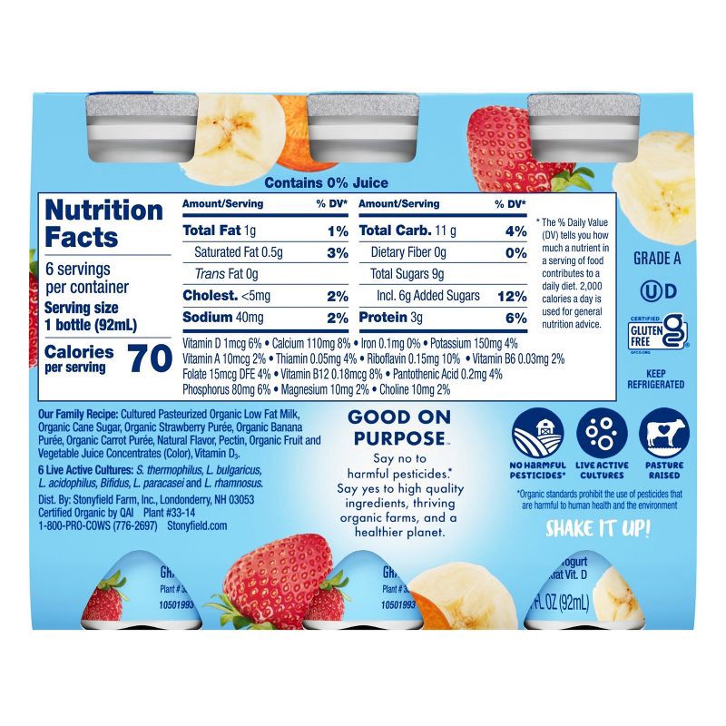 slide 3 of 11, Stonyfield Organic Kids' Strawberry Banana Yogurt Smoothies - 6pk/3.1 fl oz bottles, 6 ct; 3.1 fl oz