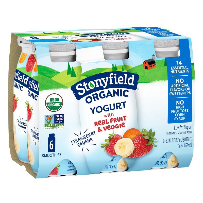 slide 7 of 11, Stonyfield Organic Kids' Strawberry Banana Yogurt Smoothies - 6pk/3.1 fl oz bottles, 6 ct; 3.1 fl oz