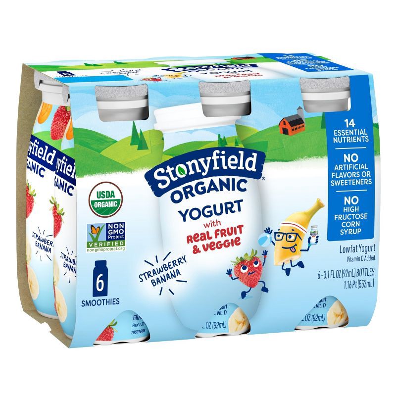 slide 9 of 11, Stonyfield Organic Kids' Strawberry Banana Yogurt Smoothies - 6pk/3.1 fl oz bottles, 6 ct; 3.1 fl oz