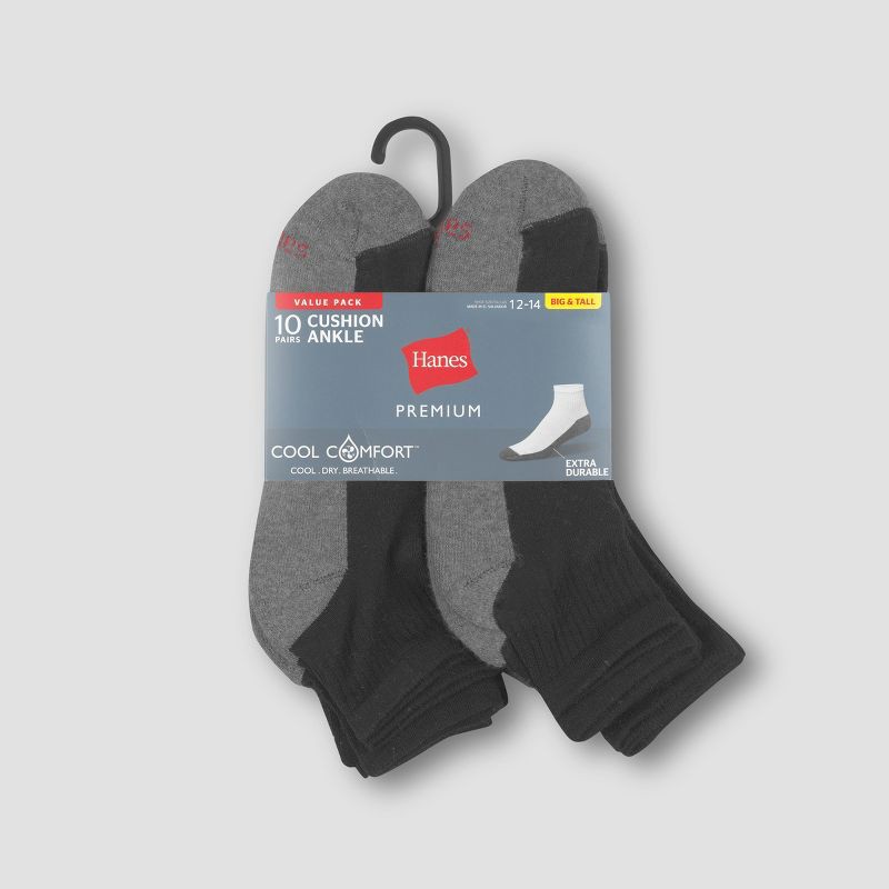 slide 3 of 4, Hanes Premium Men's Big & Tall Cool Comfort Ankle Socks 10pk - Black 12-14: Cushioned Sole, Reinforced Heel & Toe, Breathable Fabric, 10 ct