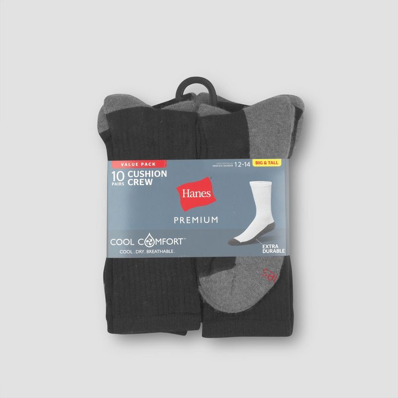 slide 3 of 3, Hanes Premium Men's Black Crew Socks 10pk - 12-14: Midweight, Cushioned Sole, Reinforced Heel & Toe, Breathable Fabric, 10 ct