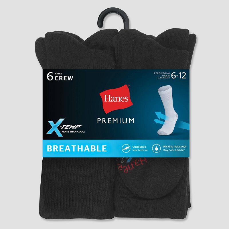 slide 2 of 3, Hanes Premium Men's X-Temp Breathable Crew Socks 6pk - Black: Cushioned Sole, Reinforced Heel & Toe, 6 ct