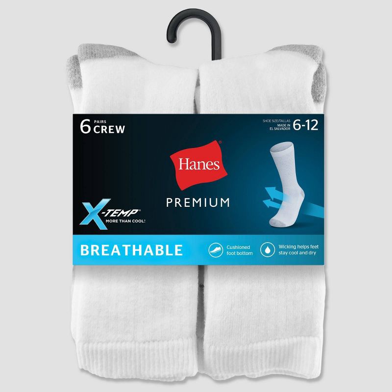 slide 2 of 2, Hanes Premium Men's X-Temp Breathable Crew Socks 6pk - White: Cushioned Sole, Reinforced Heel & Toe, 6 ct