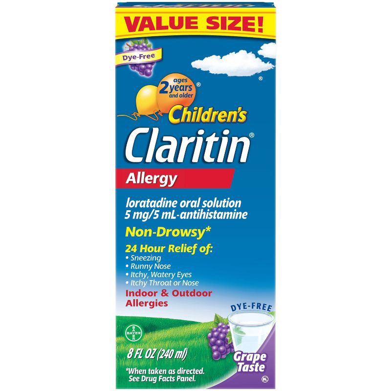 slide 1 of 9, Children's Claritin Loratadine Allergy Relief 24 Hour Non-Drowsy Grape Liquid - 8 fl oz, 8 fl oz