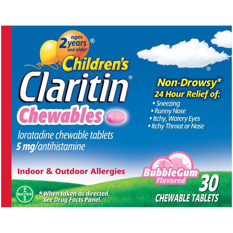 slide 1 of 8, Children's Claritin Loratadine Allergy Relief 24 Hour Non-Drowsy Bubble Gum Chewable Tablets - 30ct, 30 ct