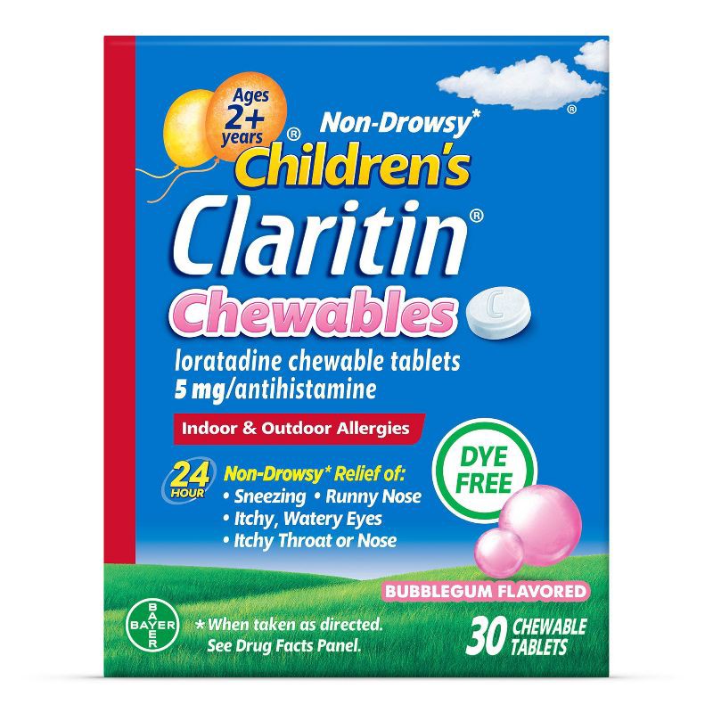 slide 1 of 10, Children's Claritin Loratadine Allergy Relief 24 Hour Non-Drowsy Bubble Gum Chewable Tablets - 30ct, 30 ct