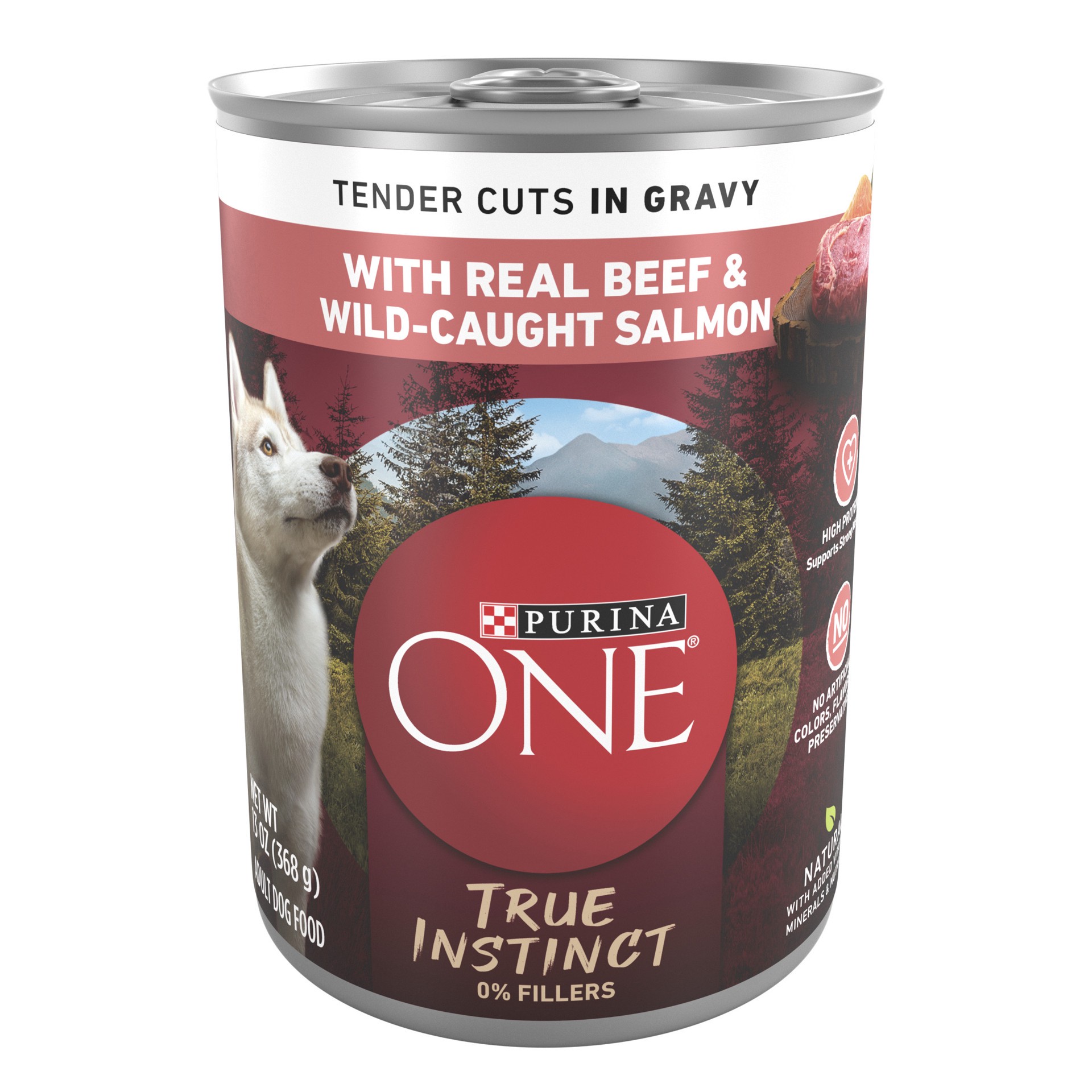 slide 1 of 8, ONE Purina ONE High Protein Wet Dog Food True Instinct Tender Cuts in Dog Food Gravy With Real Beef and Wild-Caught Salmon, 13 oz