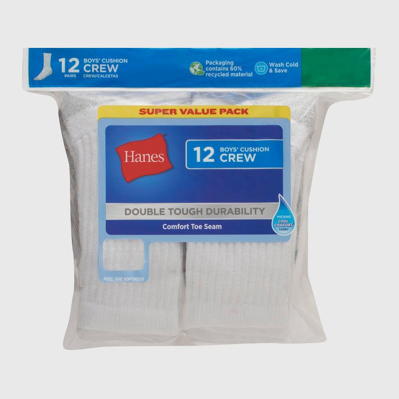 slide 2 of 5, Hanes Boys' 12pk Cushioned Crew Athletic Socks - White L, 12 ct