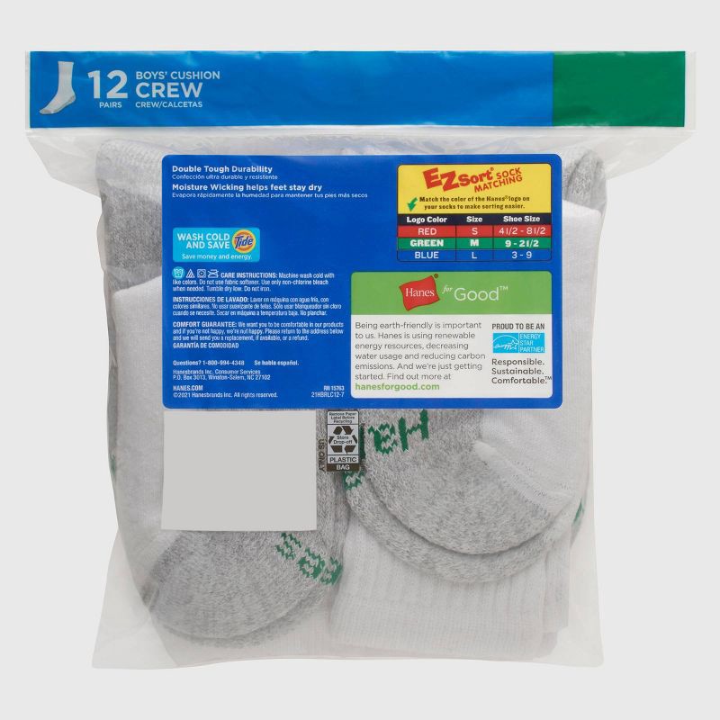 slide 3 of 5, Hanes Boys' 12pk Cushioned Crew Athletic Socks - White L, 12 ct