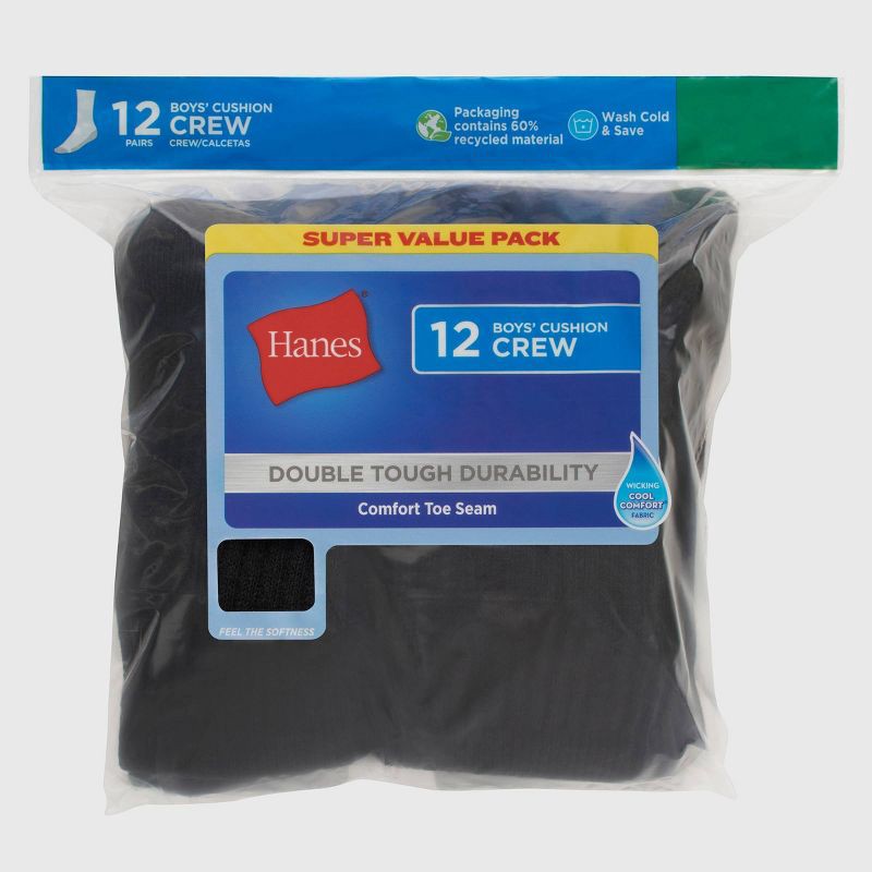 slide 2 of 6, Hanes Boys' 12pk Cushioned Crew Athletic Socks - Black M: Moisture Wicking, Tagless, Midweight Fabric, 12 ct