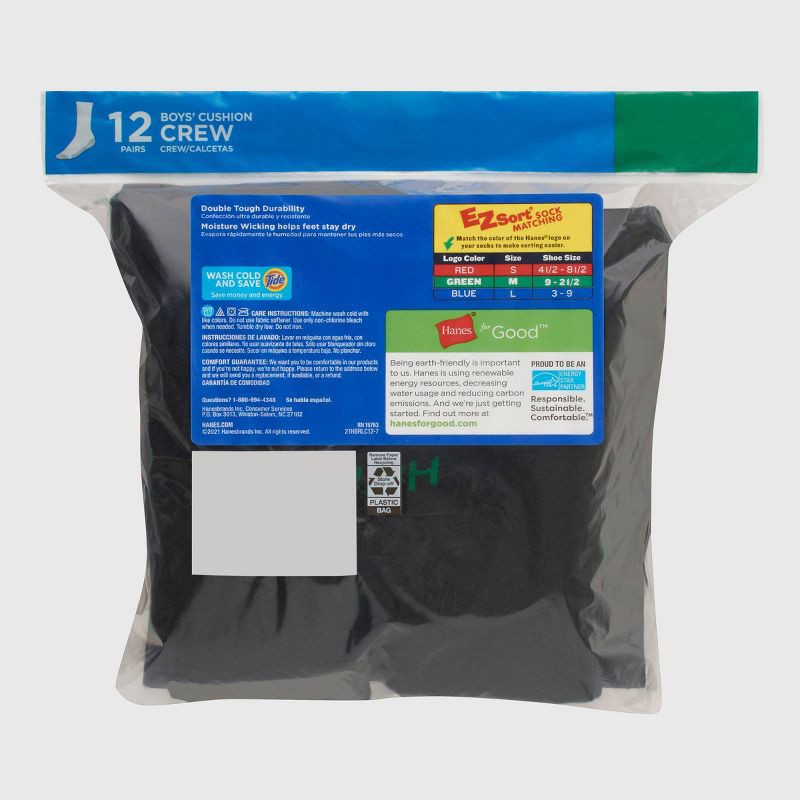 slide 3 of 6, Hanes Boys' 12pk Cushioned Crew Athletic Socks - Black S: Moisture Wicking, Tagless, Knit Fabric, 12 ct
