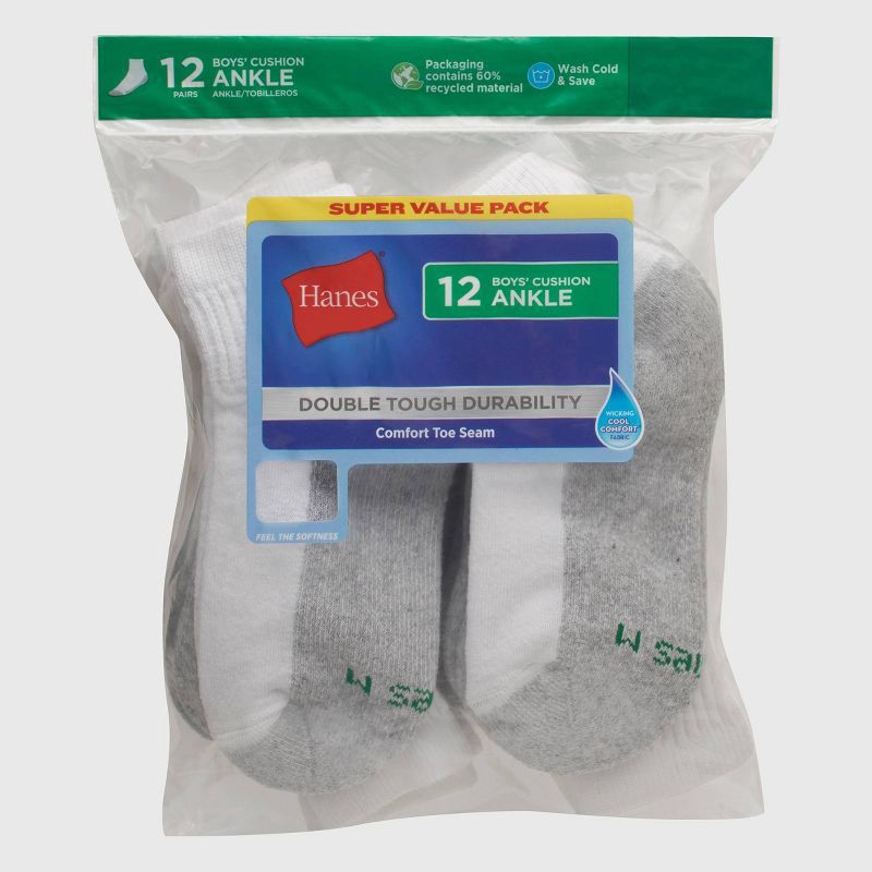 slide 2 of 5, Hanes Boys' 12pk Cushioned Ankle Athletic Socks - White L, 12 ct