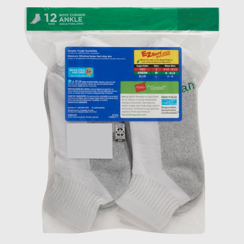 slide 3 of 5, Hanes Boys' 12pk Cushioned Ankle Athletic Socks - White L, 12 ct