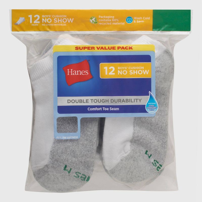 slide 2 of 5, Hanes Boys' 12pk Cushioned No Show Athletic Socks - White L, 12 ct