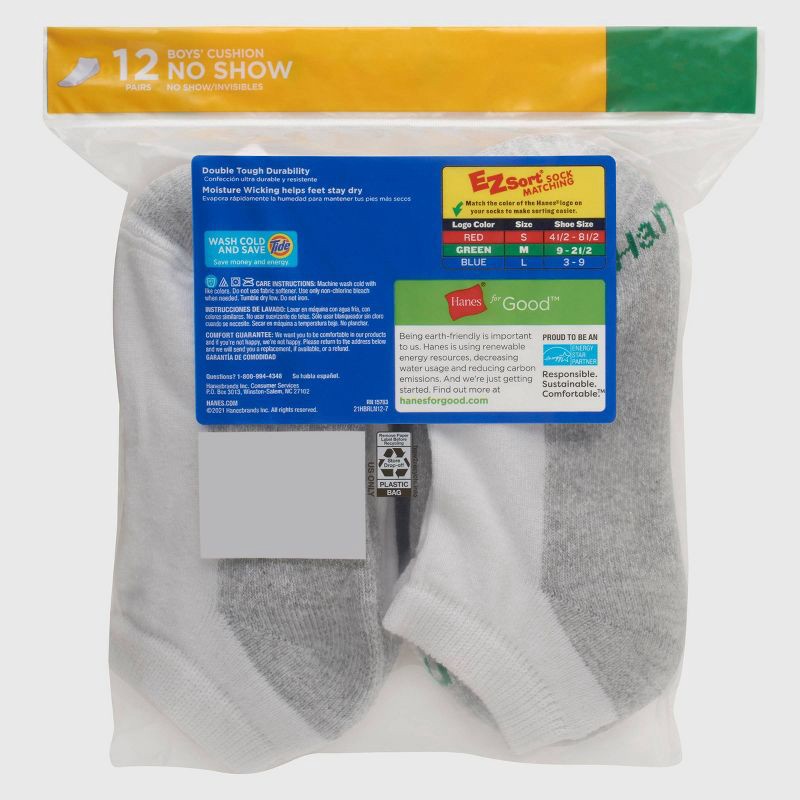 slide 3 of 5, Hanes Boys' 12pk Cushioned No Show Athletic Socks - White S, 12 ct