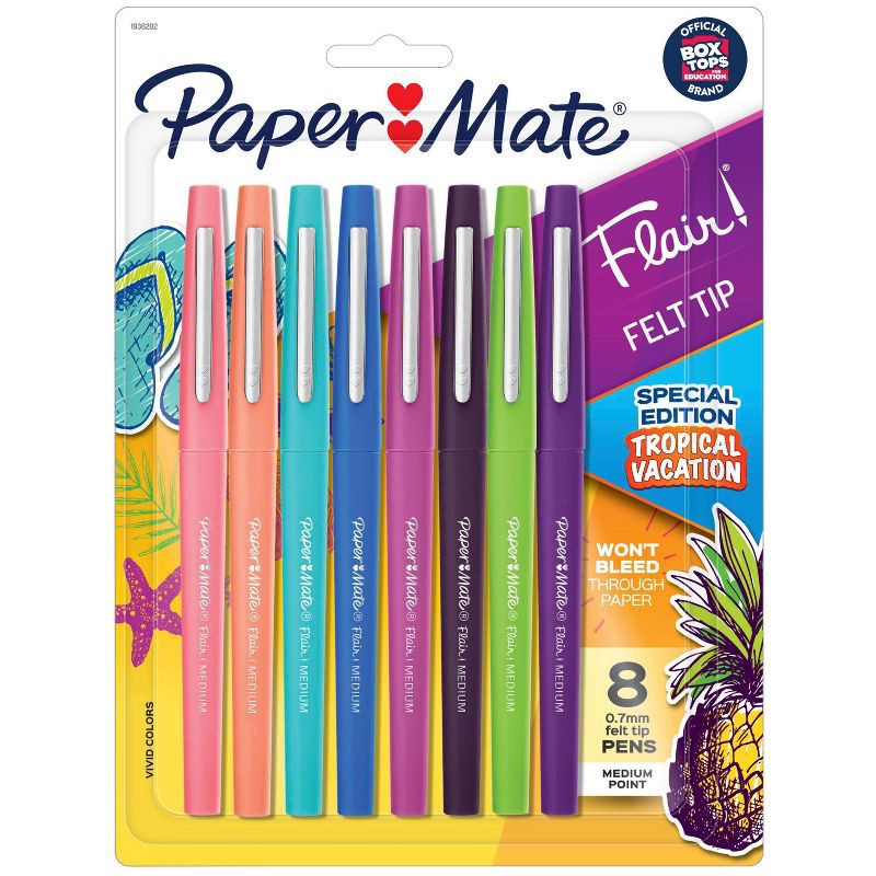 slide 1 of 9, Paper Mate Flair 8pk Tropical Vacation Felt Pens 0.7mm Medium Tip Multicolored, 8 ct