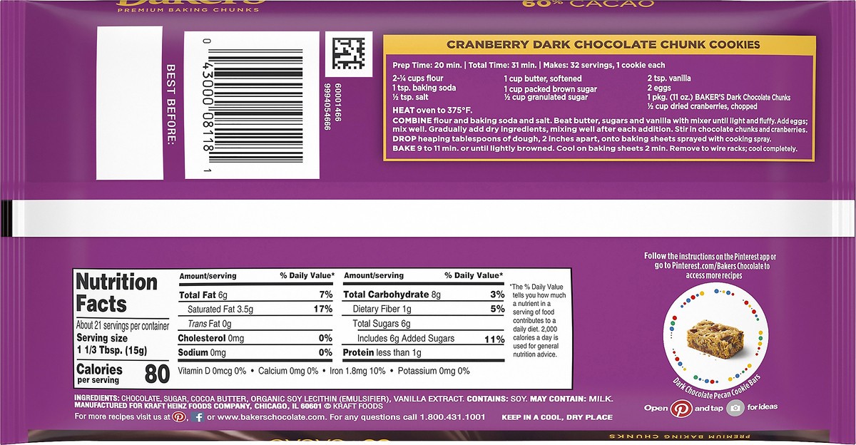 slide 7 of 11, Baker's Dark Chocolate Baking Chunks, 11 oz Bag, 11 oz