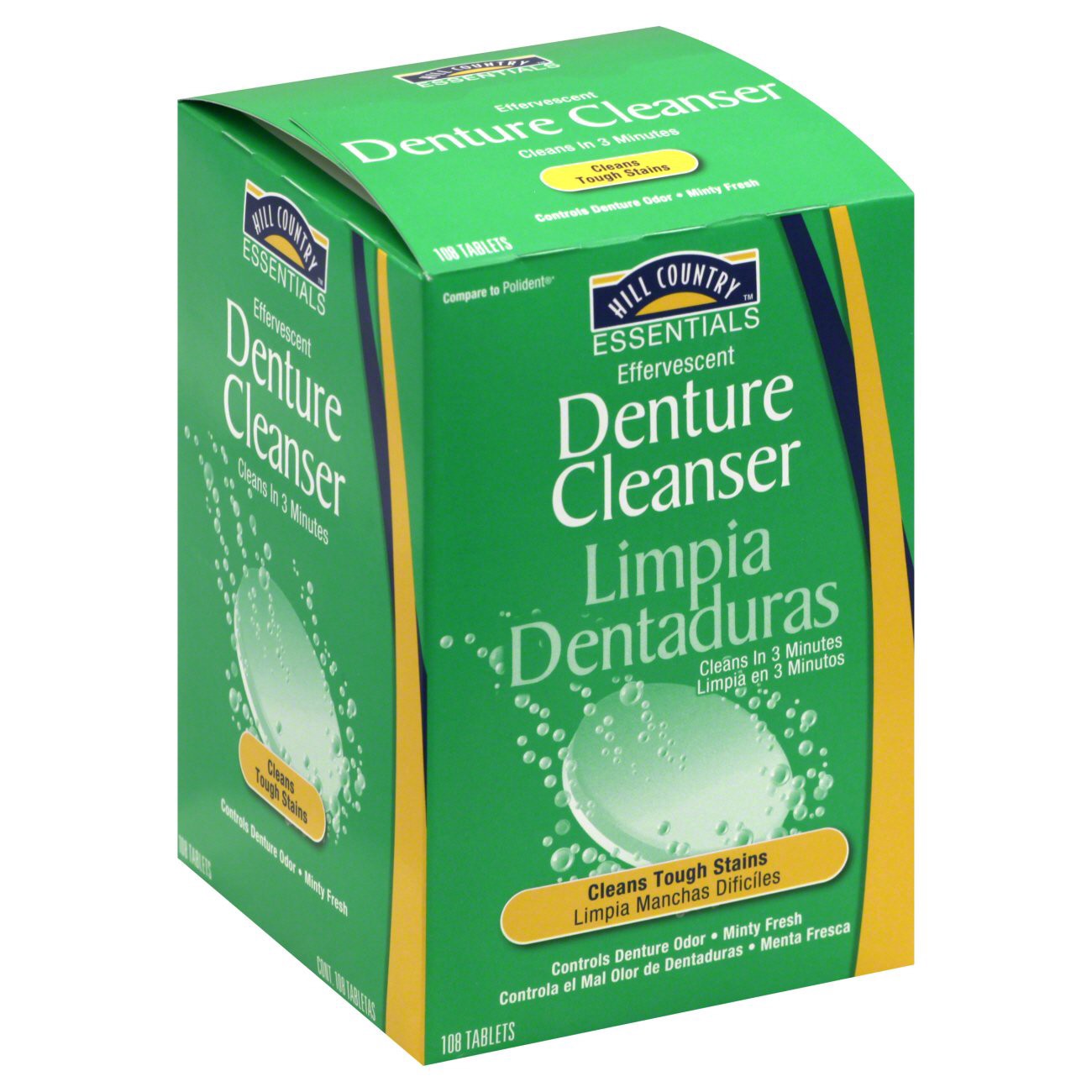 slide 1 of 1, Hill Country Fare Effervescent Denture Cleanser Minty Fresh Tablets, 108 ct