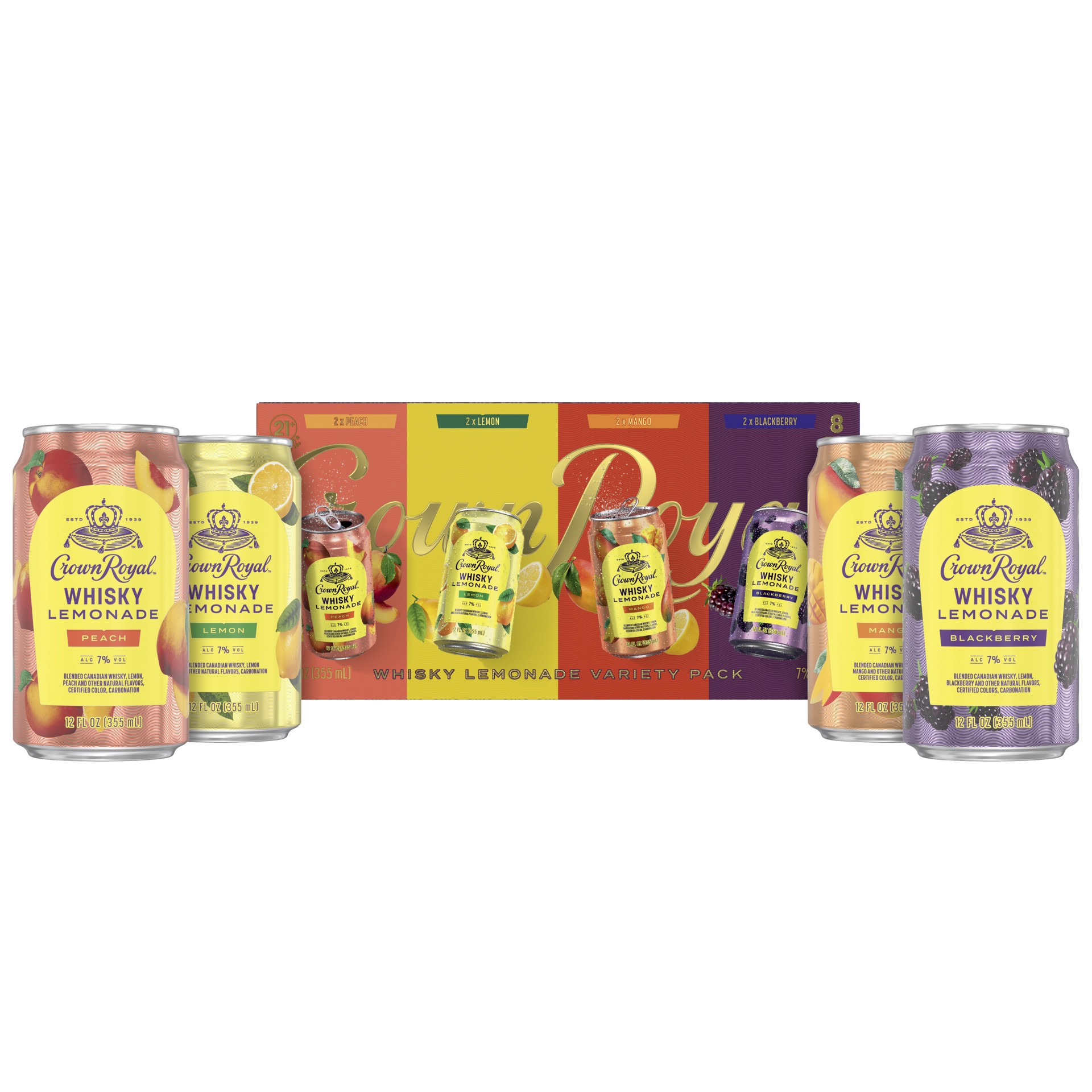 slide 2 of 2, Crown Royal Whisky Lemonade Ready-to-Drink (RTD) Variety Pack with Whisky Lemonade, Peach, Blackberry, and Mango, 8 Pack, 12 oz Cans, 8 ct; 12 fl oz