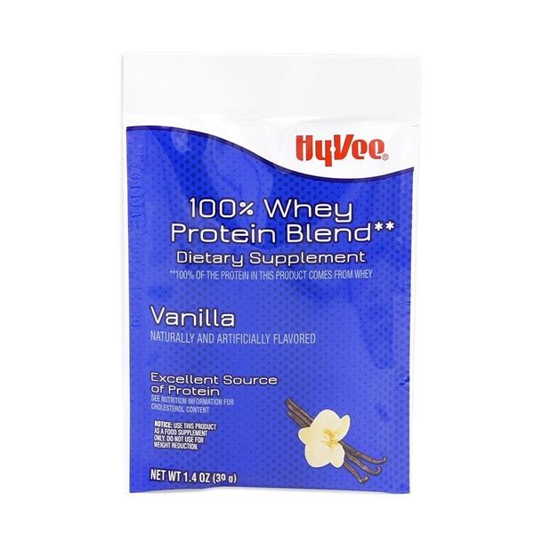 slide 1 of 1, Hy-Vee 100% Whey Protein Blend Vanilla Powder, 1.4 oz