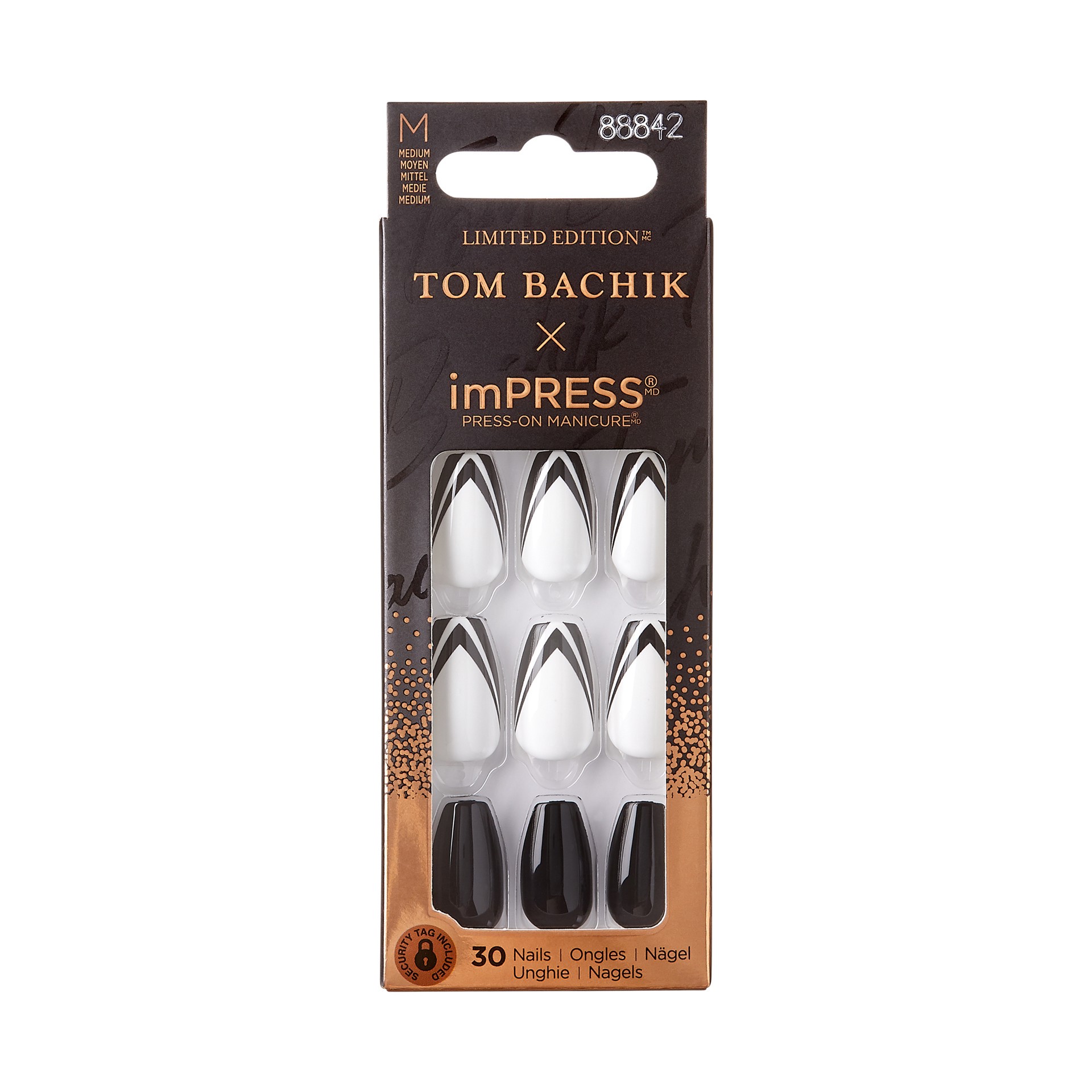 slide 1 of 1, imPRESS KISS TOM BACHIK x imPRESS Medium Coffin Press-On Nails, Black & White, 30 Pieces, 1 ct