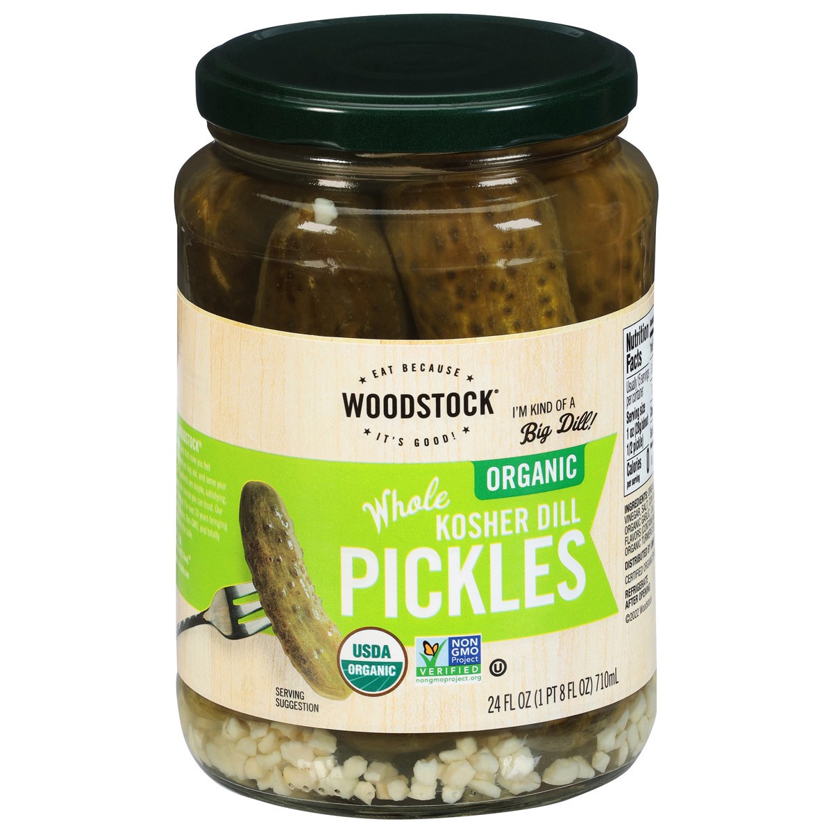 slide 1 of 1, Woodstock Organic Whole Kosher Dill Pickles 24 fl oz, 24 oz