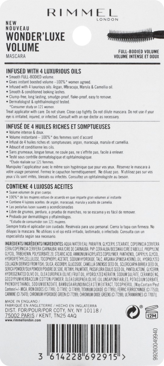 slide 2 of 12, COTY RIMMEL LONDON Rimmel London Wonder'Luxe Volume Mascara, Long-Wearing, Volumizing, Smudge-Proof, 001, Black, 0.08oz, 0.37 fl oz