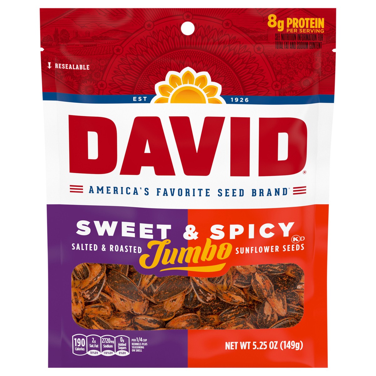 slide 1 of 8, DAVID Roasted and Salted Jumbo Sunflower Seeds, Sweet and Spicy Flavor, 5.25oz., 5.25 oz