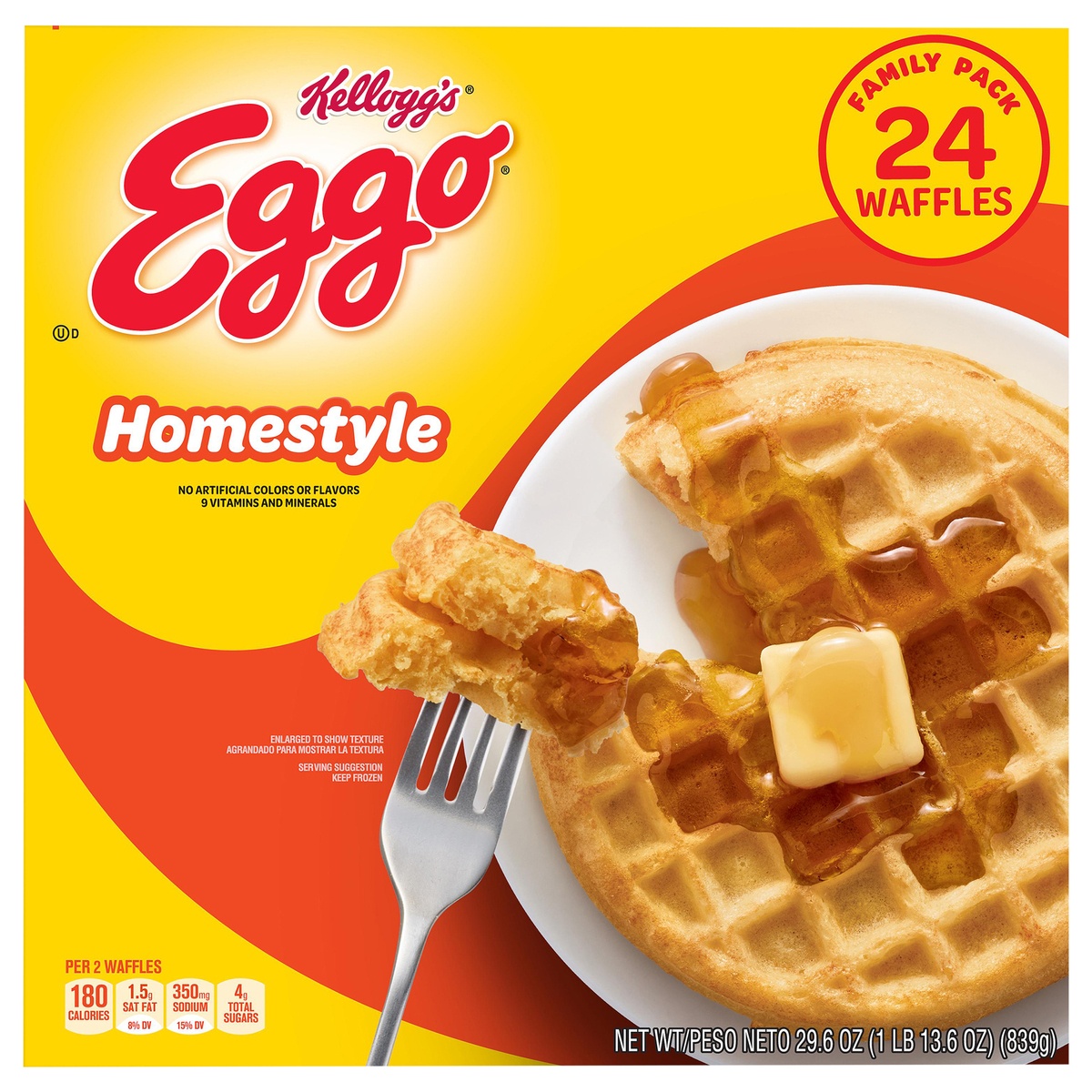 slide 1 of 10, Eggo Frozen Waffles, Frozen Breakfast, Resealable, Homestyle, 29.6 oz