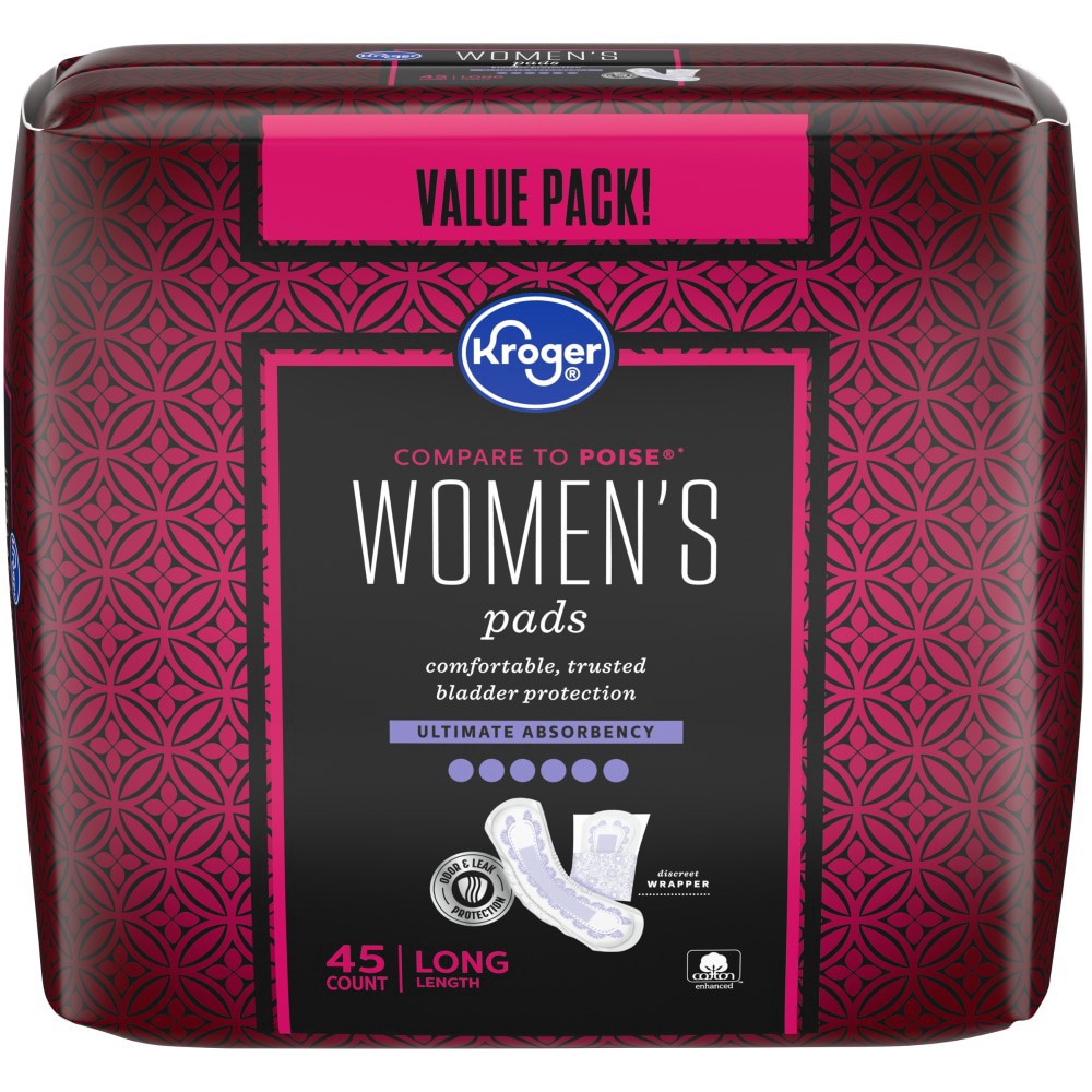 slide 2 of 2, Kroger Women's Ultimate Absorbency Long Length Bladder Control Pads Value Pack, 45 ct