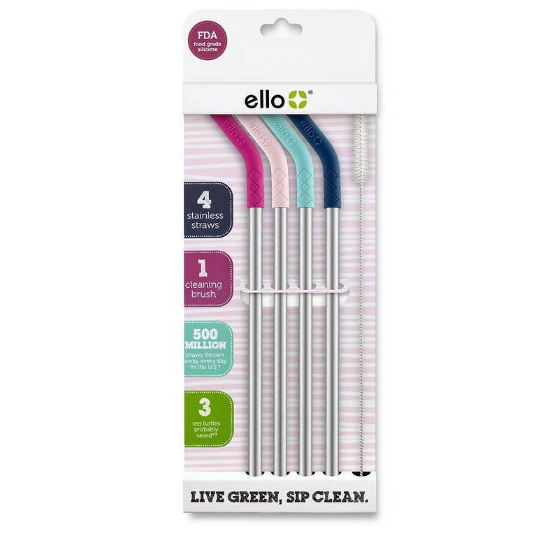 slide 1 of 5, Ello 4pk Stainless Straws with Silicone Tips, 4 ct