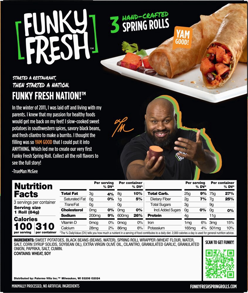 slide 2 of 2, Funky Fresh Hand-Crafted Sweet Potato + Black Bean Spring Rolls 3 ea, 3 ct; 9 oz