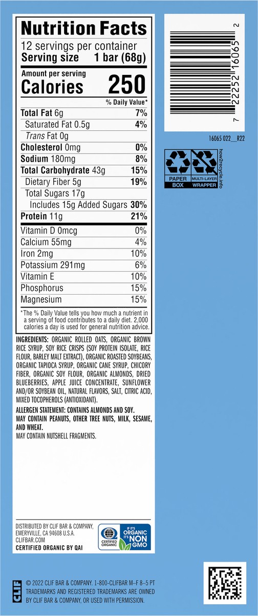 slide 7 of 9, CLIF Blueberry Almond Crisp Energy Bars 12 - 2.40 oz ea, 12 ct