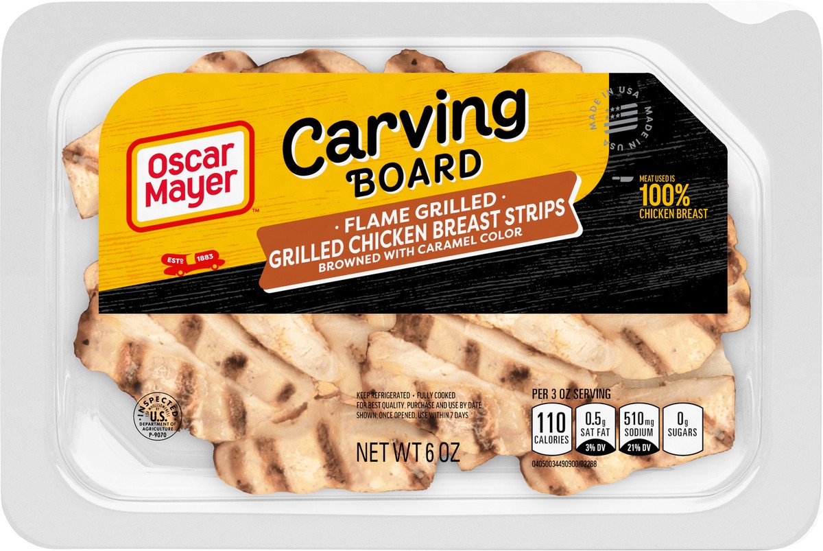 slide 9 of 9, Oscar Mayer Carving Board Flame Grilled Chicken Breast Strips Lunch Meat, 6 oz. Tray, 6 oz