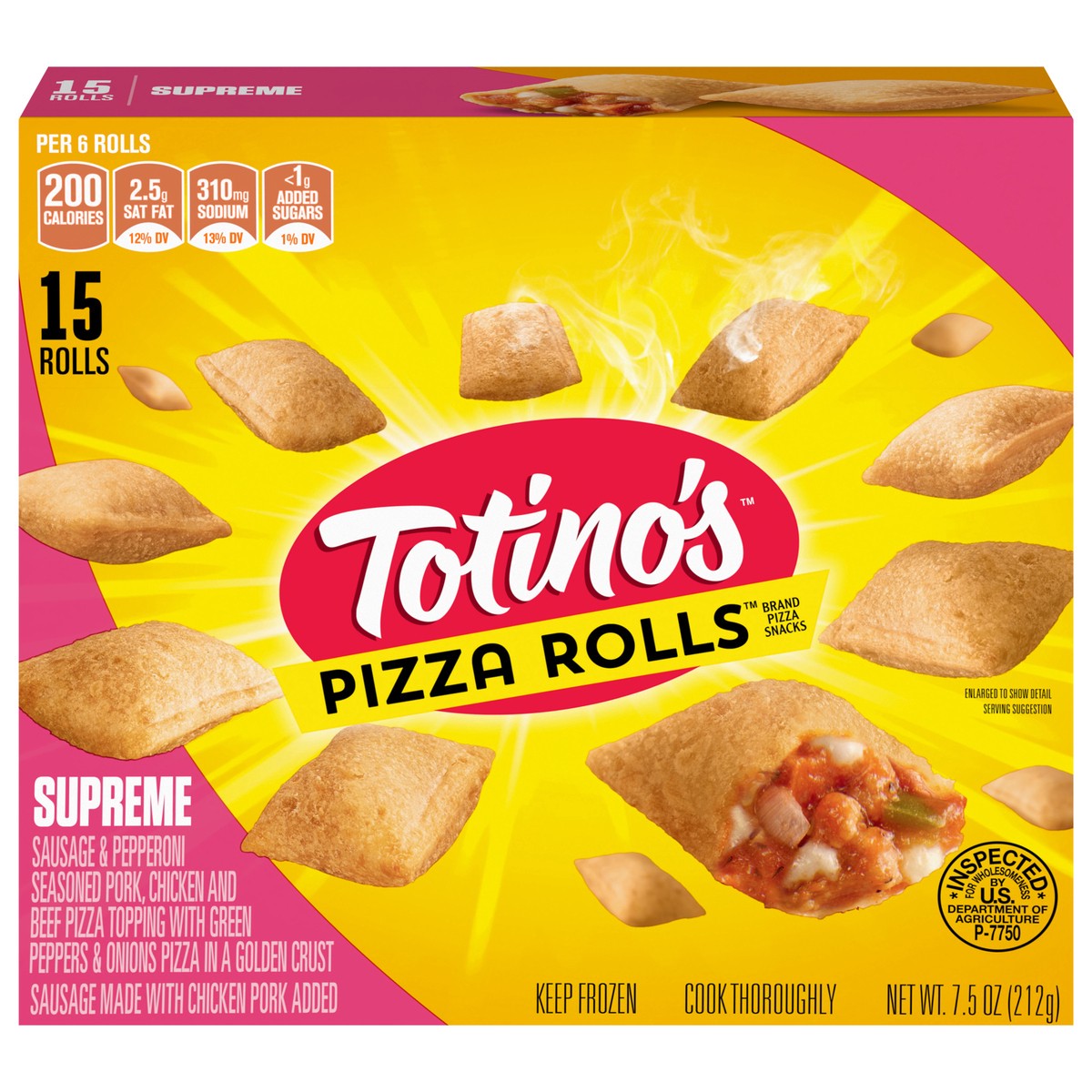 slide 1 of 1, Totino's Pizza Rolls, Supreme Flavored, Frozen Snacks, 15 Rolls, 7.5 oz, 15 ct