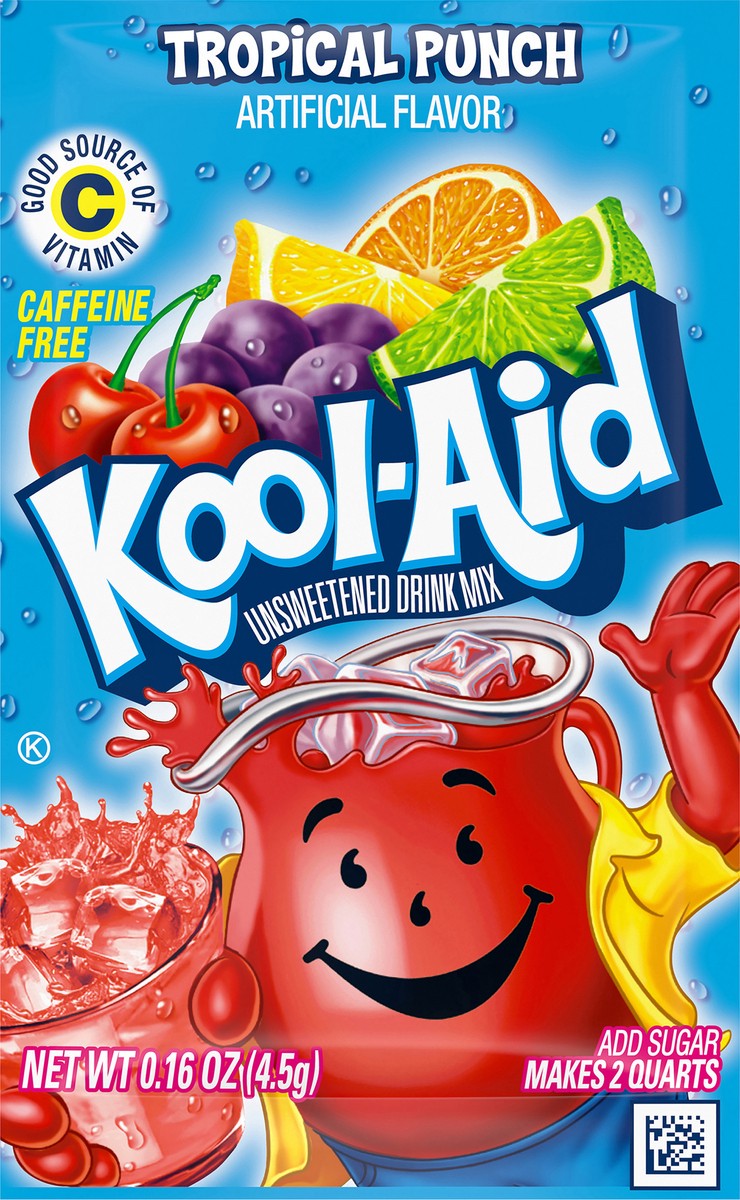 slide 5 of 9, Kool-Aid Unsweetened Tropical Punch Artificially Flavored Powdered Soft Drink Mix Value Pack, 5 ct Pack, 0.16 oz Packets, 5 ct; 0.16 oz