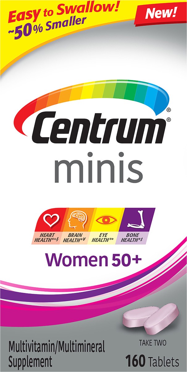 slide 1 of 9, Centrum Minis Women 50+ Multivitamin Supplement Non-GMO and Gluten Free Supports Bone Health and More* Easy to Swallow 160 Tablets, 160 cnt