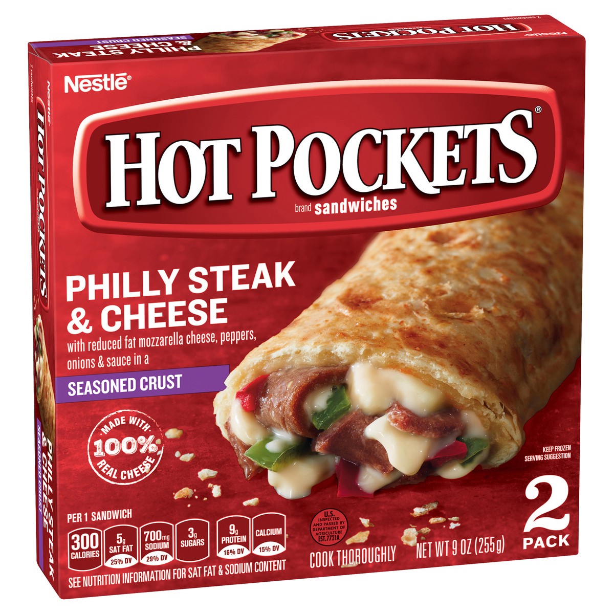 slide 2 of 9, Hot Pockets Philly Steak & Cheese Frozen Snacks in a Seasoned Crust, Philly Cheesesteak Made with Real Reduced Fat Mozzarella Cheese, 2 Count Frozen Sandwiches, 9 oz