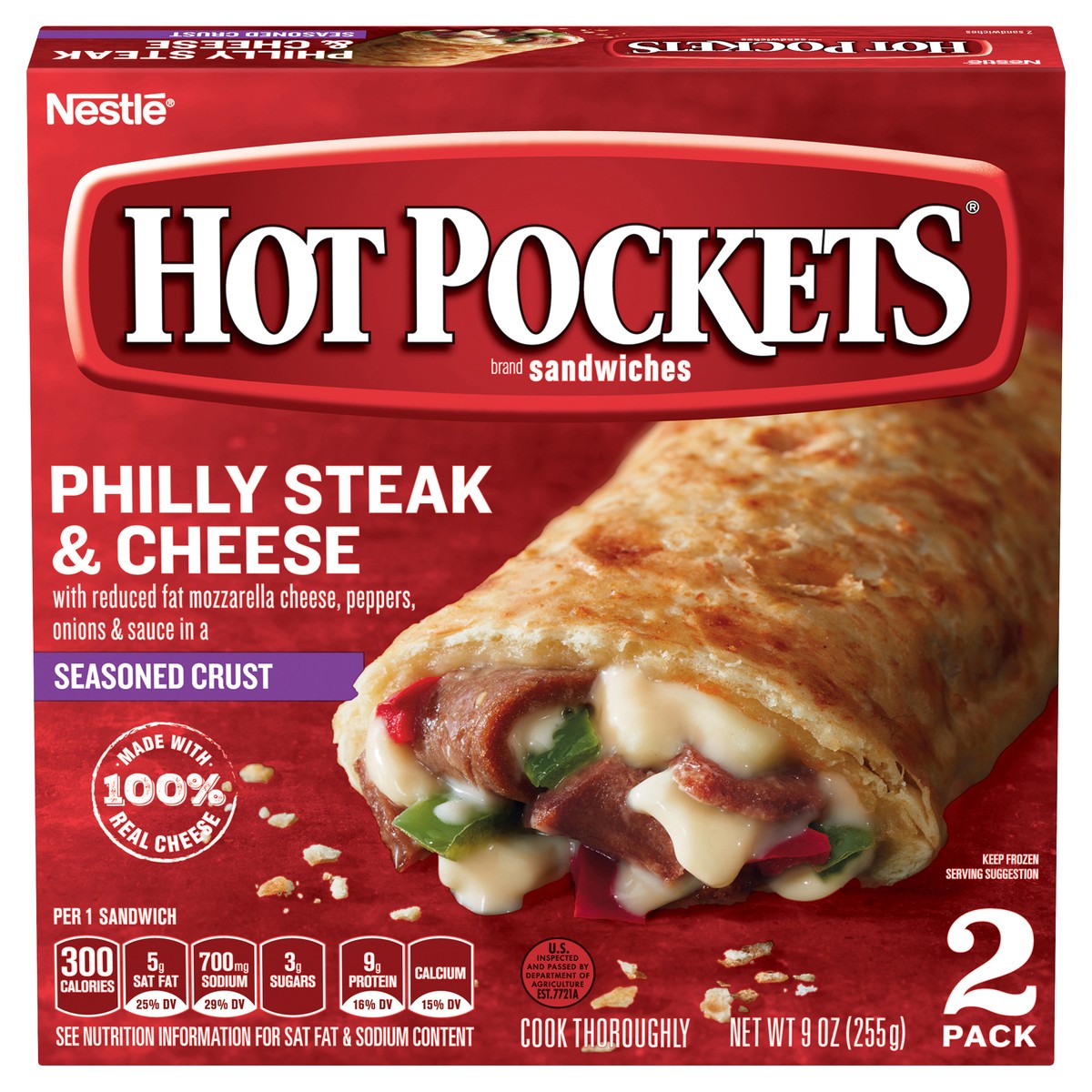 slide 1 of 9, Hot Pockets Philly Steak & Cheese Frozen Snacks in a Seasoned Crust, Philly Cheesesteak Made with Real Reduced Fat Mozzarella Cheese, 2 Count Frozen Sandwiches, 9 oz