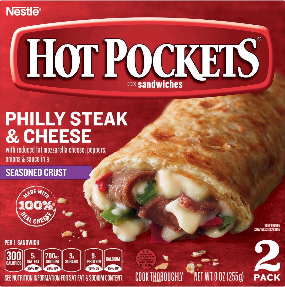 slide 6 of 9, Hot Pockets Philly Steak & Cheese Frozen Snacks in a Seasoned Crust, Philly Cheesesteak Made with Real Reduced Fat Mozzarella Cheese, 2 Count Frozen Sandwiches, 9 oz