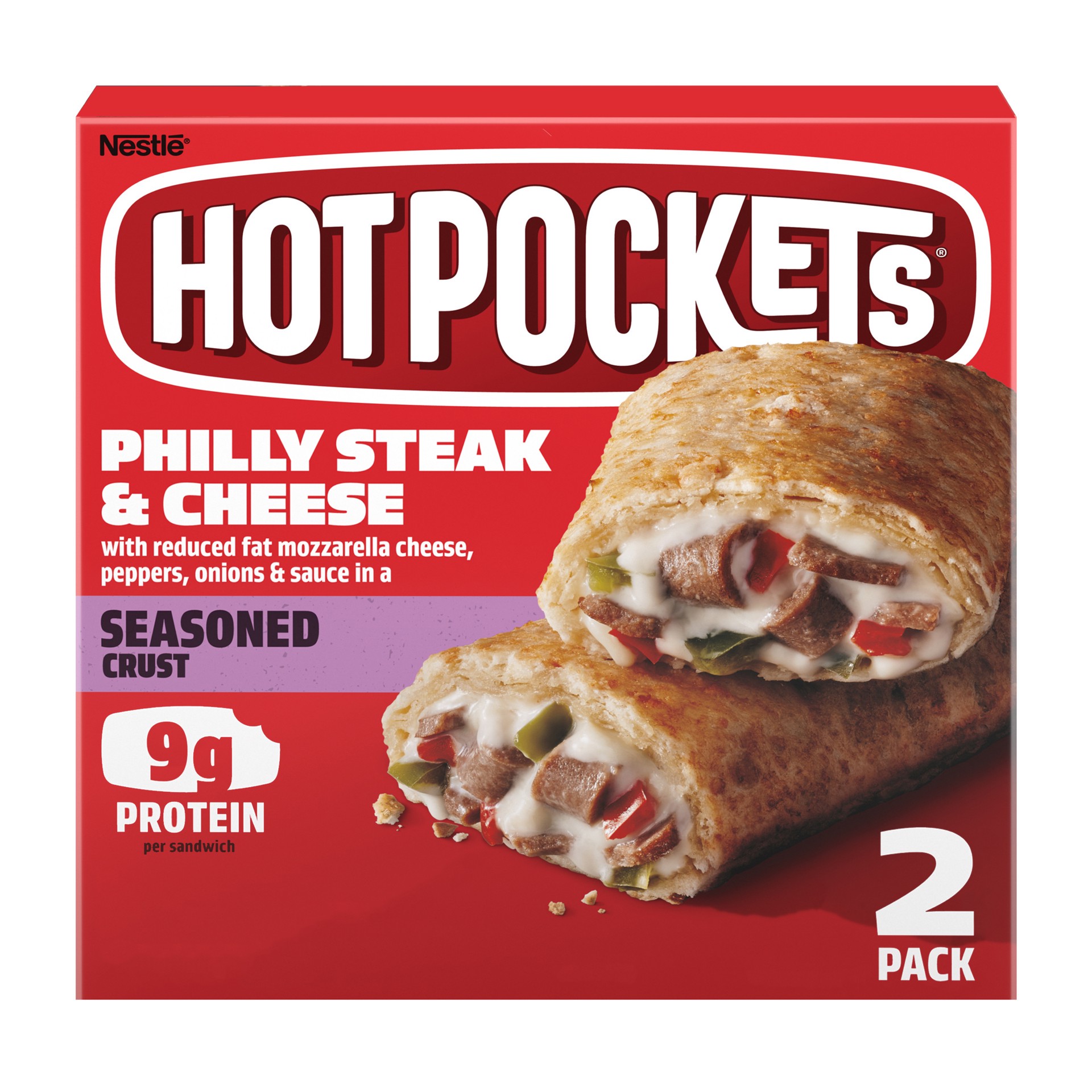 slide 1 of 9, Hot Pockets Philly Steak & Cheese Frozen Snacks in a Seasoned Crust, Philly Cheesesteak Made with Real Reduced Fat Mozzarella Cheese, 2 Count Frozen Sandwiches, 9 oz