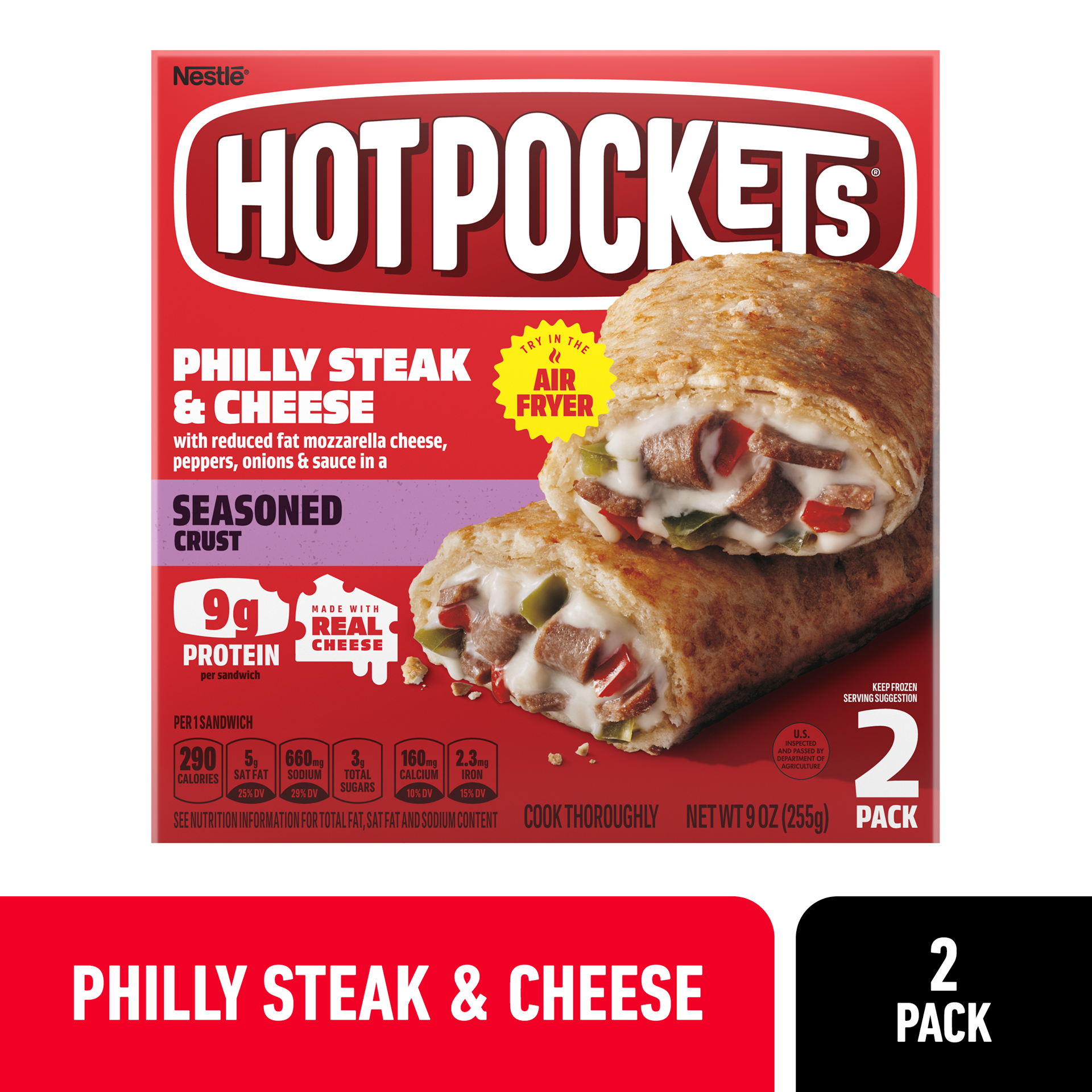 slide 1 of 9, Hot Pockets Philly Steak & Cheese Frozen Snacks in a Seasoned Crust, Philly Cheesesteak Made with Real Reduced Fat Mozzarella Cheese, 2 Count Frozen Sandwiches, 9 oz