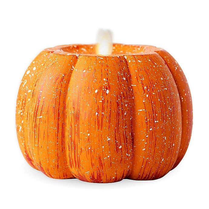 slide 1 of 1, Luminara Real-Flame Effect Pillar Candle - Pumpkin, 4.5 in