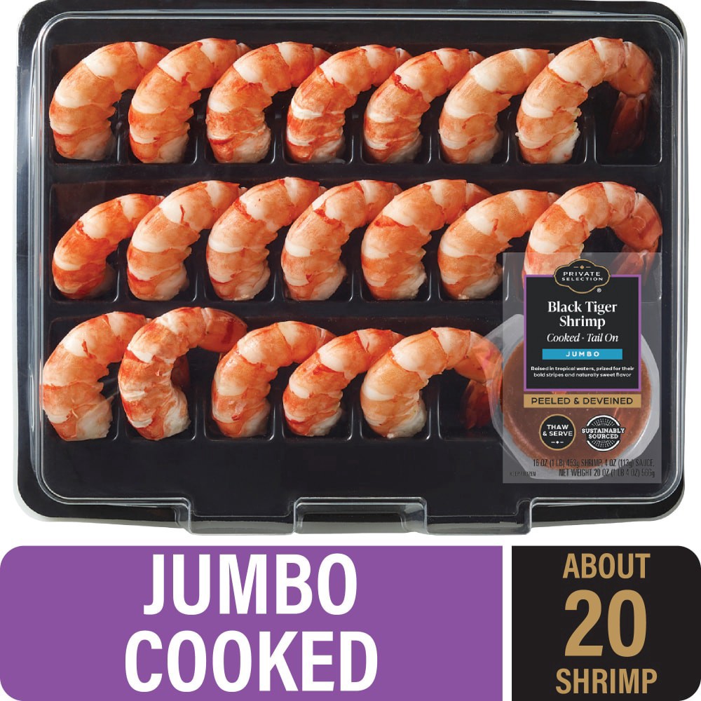 slide 3 of 6, Private Selection® Cooked Jumbo Black Tiger Shrimp Peeled & Deveined Tail On with Cocktail Sauce, 16 oz