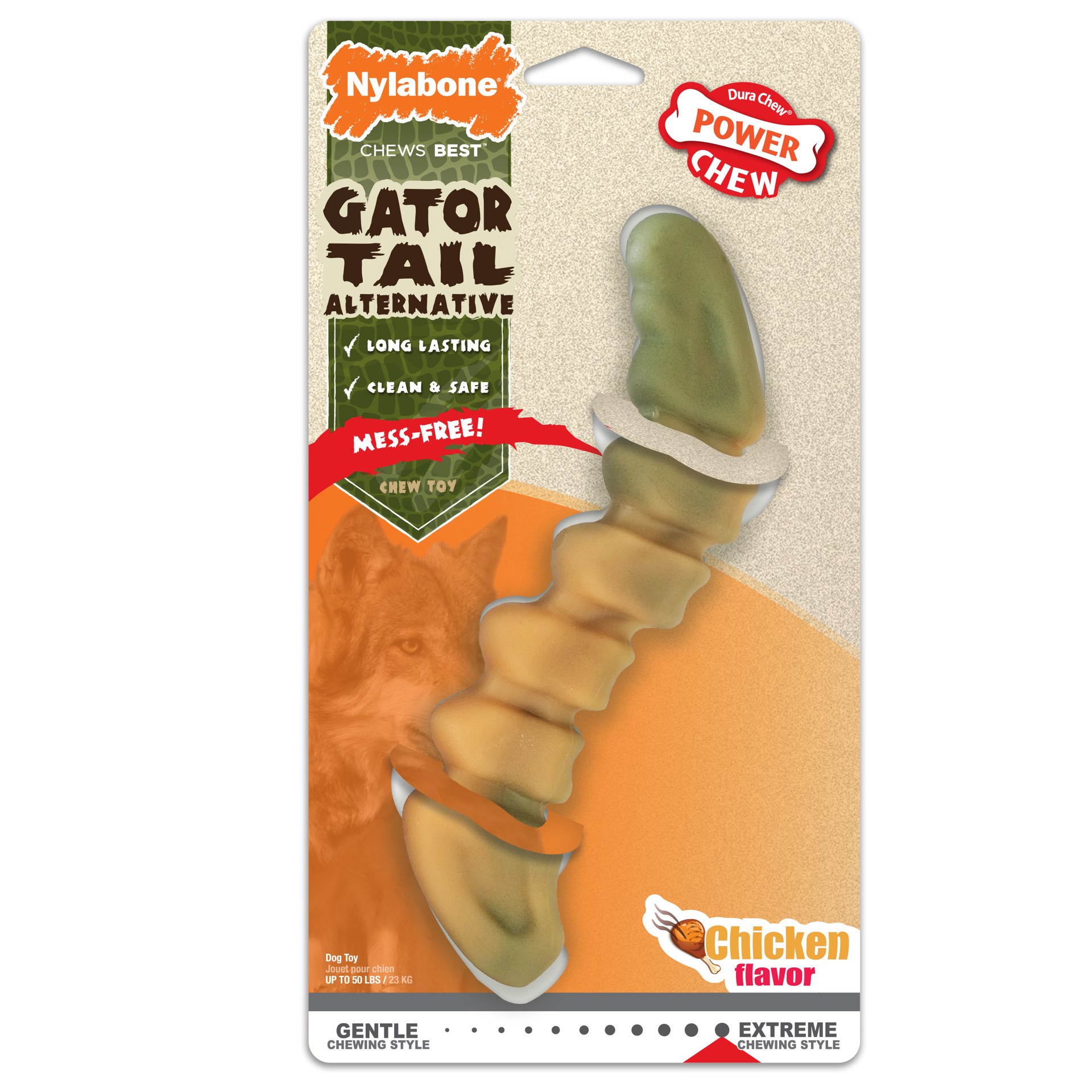 slide 1 of 10, Nylabone Power Chew Gator Tail Alternative Chew Toy Chicken Large/Giant - Up to 50 lbs.(1 Count), 1 ct