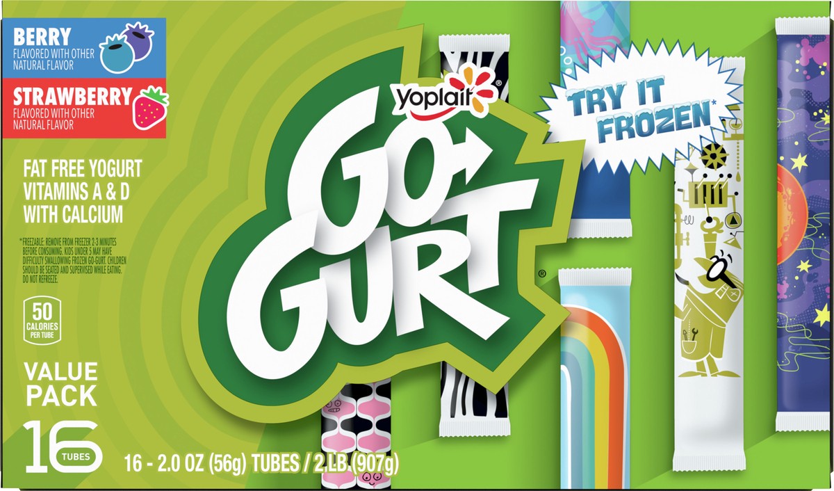 slide 2 of 11, Go-GURT Berry and Strawberry Kids Fat Free Yogurt Variety Pack, Gluten Free, 2 oz Yogurt Tubes (16 Count), 16 ct