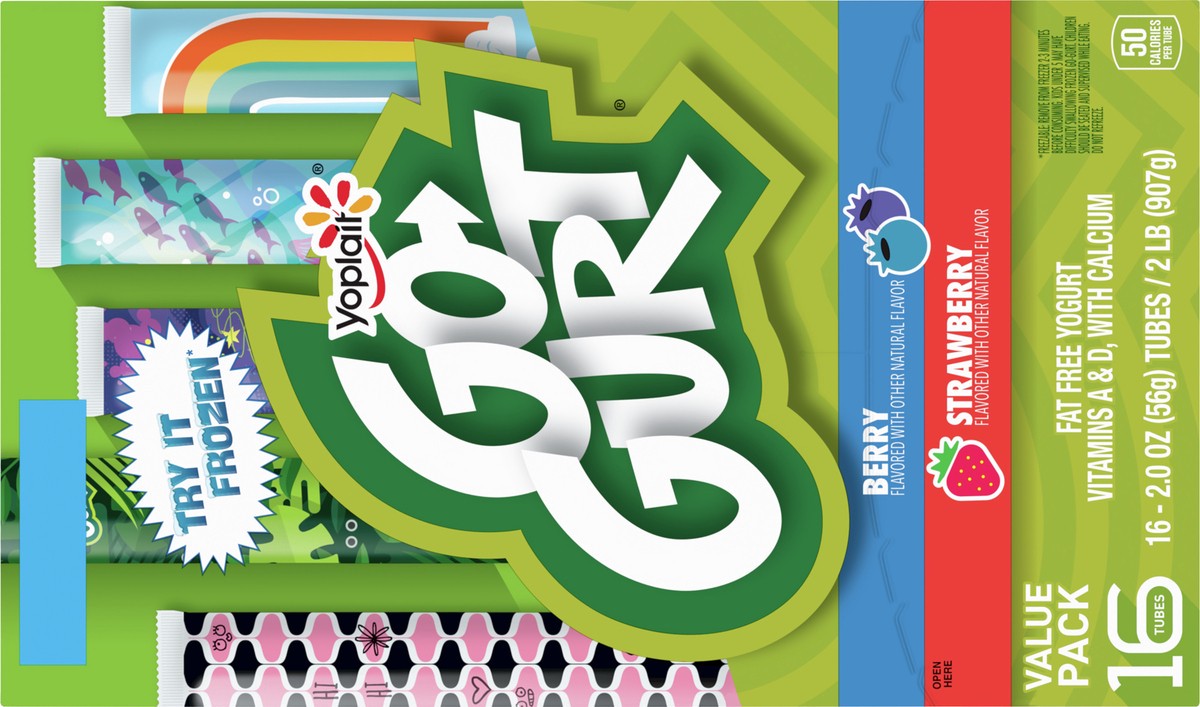 slide 7 of 11, Go-GURT Berry and Strawberry Kids Fat Free Yogurt Variety Pack, Gluten Free, 2 oz Yogurt Tubes (16 Count), 16 ct