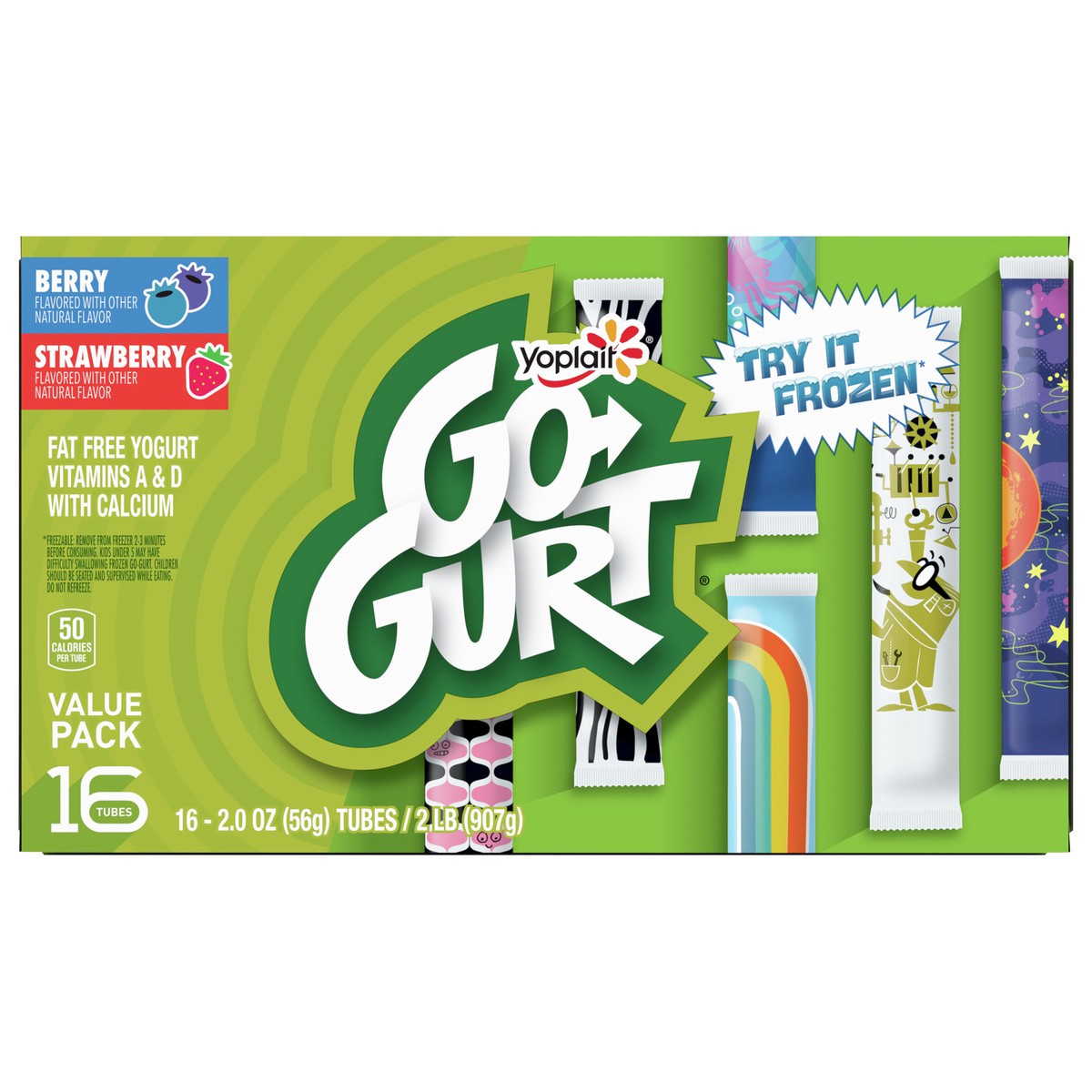 slide 6 of 11, Go-GURT Berry and Strawberry Kids Fat Free Yogurt Variety Pack, Gluten Free, 2 oz Yogurt Tubes (16 Count), 16 ct